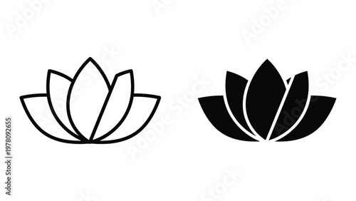 Contrasting depictions of a stylized lotus flower in line and filled formats