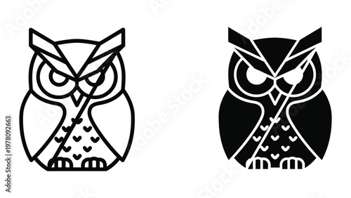 Contrasting owl designs in monochrome and black versions with textured patterns