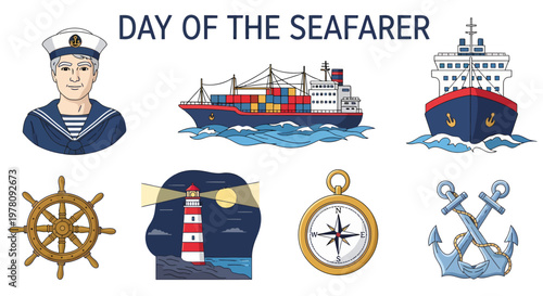 Set of nautical illustrations including a sailor cargo ship lighthouse compass ships wheel and crossed anchors