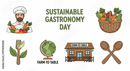 Sustainable Gastronomy Day icons featuring a chef fresh vegetables a globe and farmtotable restaurant