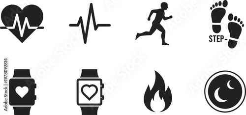 Health and fitness icons collection heart rate running sleep and wellness symbols