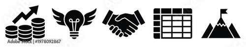Comprehensive business icons depicting financial growth, innovative ideas, successful partnership, systematic data analysis, and ultimate goal achievement, perfect for corporate