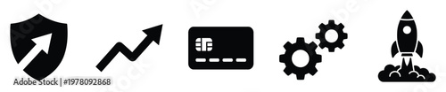 Essential collection of business strategy icons representing security, financial growth, secure payment solutions, operational efficiency, and rapid startup launch for diverse professional