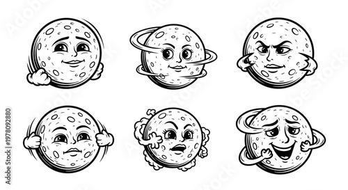 Set of six cartoon moon characters with various facial expressions and poses.