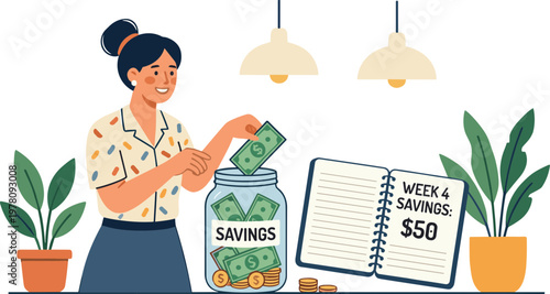 Woman saving money in jar on desk with notebook and plants nearby indoors