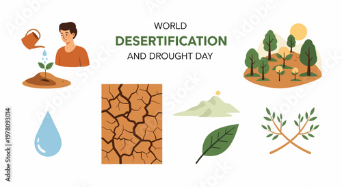 World Desertification and Drought Day illustration with man watering plant cracked soil trees and nature symbols