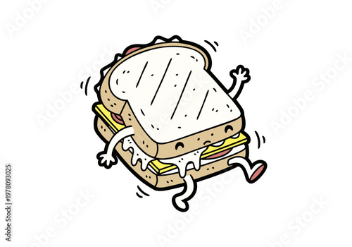 Cute Toasted Sandwich Cartoon Character with Melting Cheese.