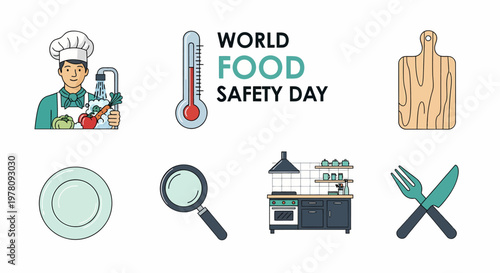 World Food Safety Day illustration featuring a chef thermometer kitchenware and food preparation icons
