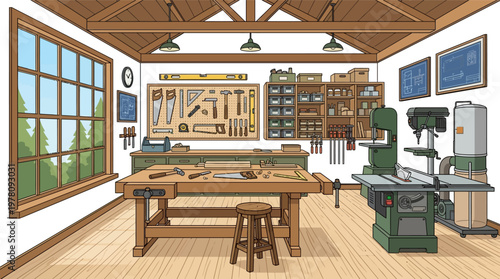 Woodworking workbench with industrial machines.