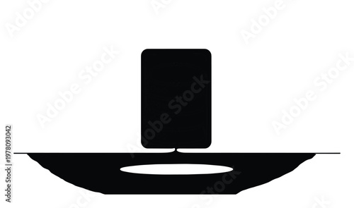 Abstract black geometric shape standing on a curved pedestal with an oval cutout, perfect for minimalist branding and modern graphic design projects