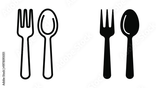 Contrasting black and white illustrations of a fork and spoon set