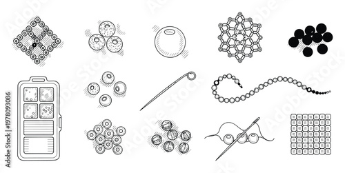 Monochromatic line art collection showcasing different bead shapes, beading tools like needles and organizers, and examples of beadwork, perfect for craft design and jewelry making guides.