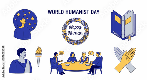 World Humanist Day illustration featuring figures symbols a book a torch a meeting table and crossed hands