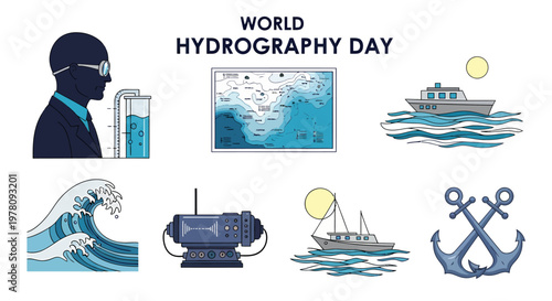 World Hydrography Day graphic with a scientist ocean map ships sonar equipment waves and crossed anchors