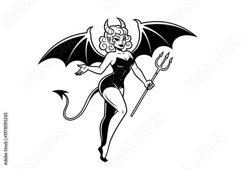 Pinup Devil Woman with Bat Wings and Trident.