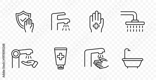 Hygiene wash set icon. Hand protection, water tap, medical care, shower spray, sanitizer use, soap tube, sink cleaning, health safety