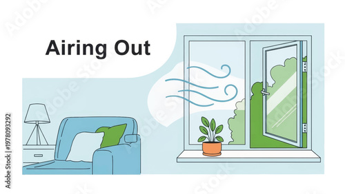 Airing out a room with an open window. Fresh breeze and ventilation concept for a healthy home. Simple flat vector illustration