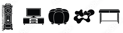 Collection of distinct furniture and home decor item icons perfect for interior design projects, digital presentations, or website graphics seeking a minimalist aesthetic