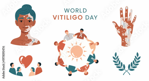 World Vitiligo Day illustration with a woman hand and people in a circle featuring skin pigmentation patches