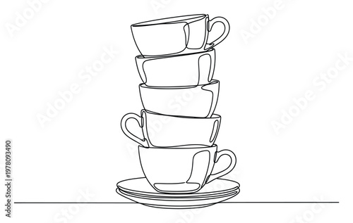 Stacked teacups in a sleek continuous line drawing present a modern minimalist graphic suitable for coffee shop branding kitchen product packaging or culinary blogs