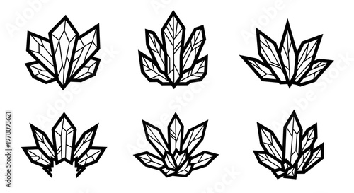 Set of Six Stylized Crystal Illustrations in Black and White.