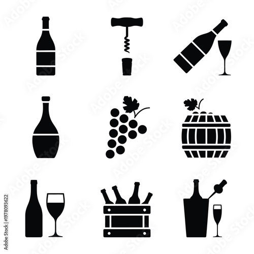 A collection of wine and grape icons in black silhouette