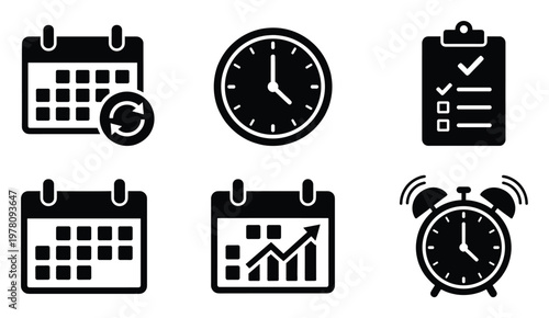 Collection of time management, scheduling, and planning icons including calendar, clock, and checklist symbols for business, productivity, and organizational applications
