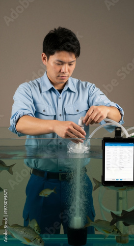 Male researcher measuring water quality in aquarium with fish  
