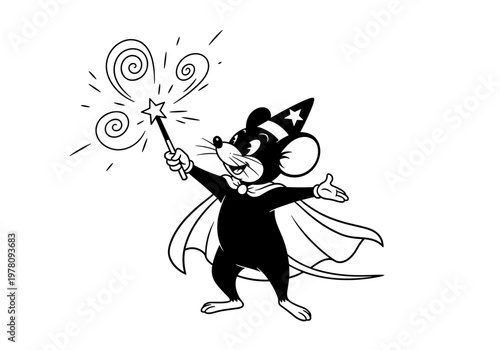 Cute cartoon mouse wizard casting magic with wand.