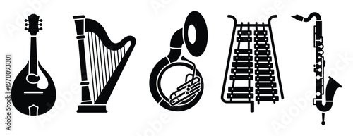 A comprehensive collection of diverse musical instruments including a mandolin, harp, tuba, xylophone, and saxophone for music themed designs, education, and entertainment projects