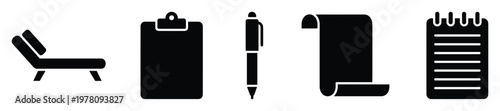 Versatile collection of black glyph icons including a lounge chair, clipboard, pen, scroll, and notebook, suitable for modern business presentations and leisure planning applications