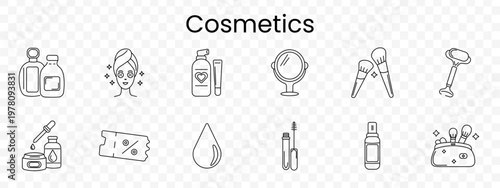 Cosmetics set icon. Line beauty items, perfume bottles, facial mask, lotion tube, mirror, makeup brushes, razor, serum dropper, discount tag, water drop, mascara, spray, cosmetic bag.