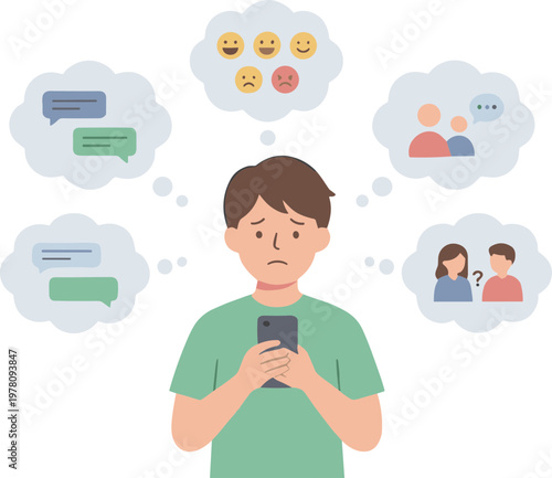 A man worriedly looks at his phone with various thoughts and emojis surrounding him.