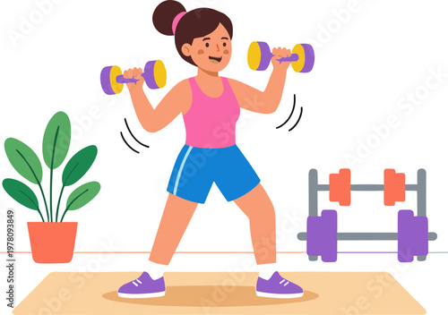 Woman lifting colorful dumbbells on exercise mat in home gym with plant