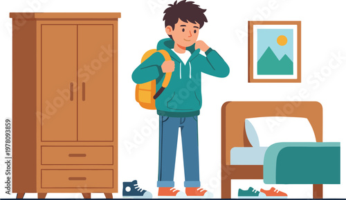 A young man stands in a bedroom talking on the phone near a wardrobe and bed.