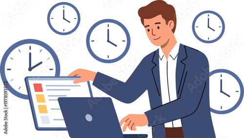 Businessman working on laptop with multiple clocks around him showing different times