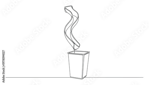 Minimalist continuous line drawing depicting a wavy abstract shape emerging from a simple rectangular container, ideal for ecofriendly campaigns or creative environmental awareness projects.