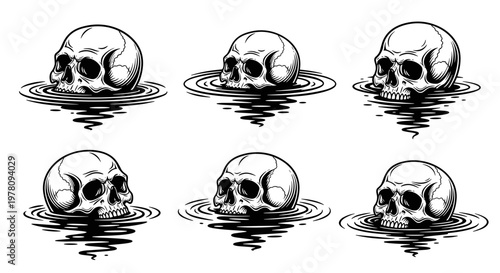 Six Skulls Emerging from Rippling Water Surface.