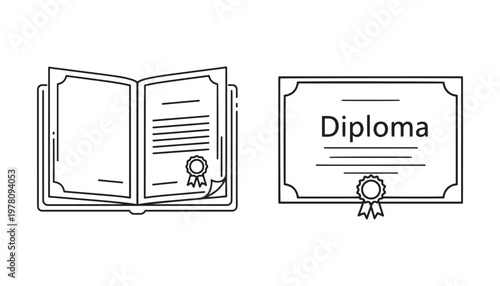 Open diploma document and framed certificate with seal