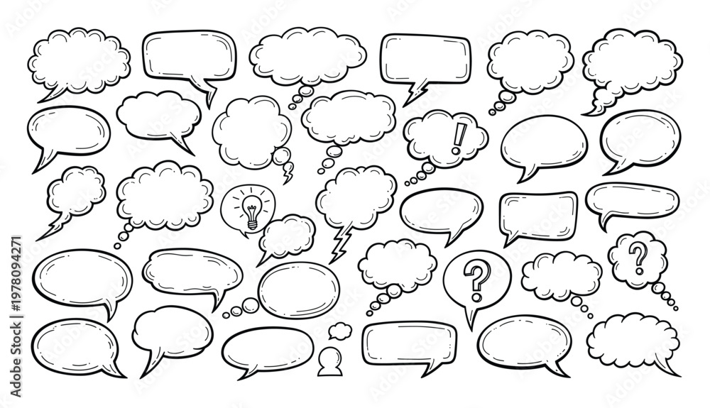 Fototapeta premium Collection of handdrawn speech bubbles and thought balloons for expressing dialogue, ideas, and messages in comic style graphics and user interface designs.