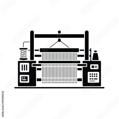 A black and white illustration of a modern textile loom machine