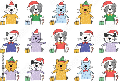 Adorable Cartoon Cats and Dogs Wearing Santa Hats and Christmas Sweaters Isolate PNG