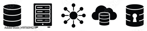 Modern technology icons representing digital data infrastructure components like databases, servers, networks, cloud solutions, and security for IT systems and software applications.