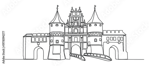 Continuous single line drawing of an ancient architectural castle gatehouse with majestic towers and a connecting bridge for historical themes, educational materials, and graphic design