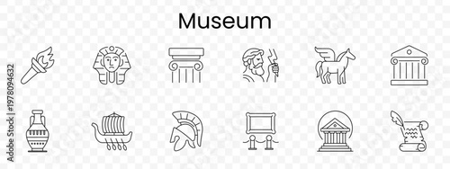 Museum set icon. Outline heritage artifacts, torch, pharaoh mask, ancient column, sculpture head, winged horse, classical building, amphora vase, viking ship, helmet, exhibition frame, temple, scroll.