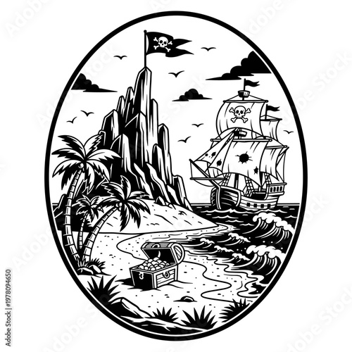 Pirate Ship Approaching Treasure Island with Chest.