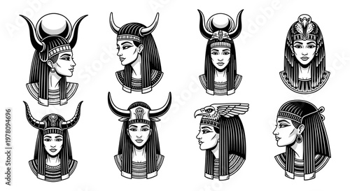 Set of eight ancient Egyptian goddess portraits in black and white.