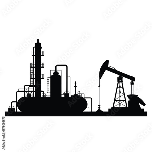 A black silhouette of an oil refinery and pumpjack facility