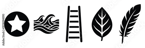Star, ocean waves, ladder, leaf, and feather symbols presented as a cohesive graphic collection for use in contemporary digital design projects and educational visual materials.