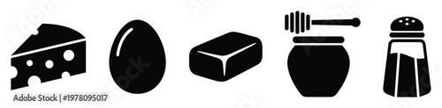 Essential kitchen food ingredient icons including a cheese wedge, egg, butter stick, honey jar with dipper, and salt shaker, ideal for culinary application interfaces and recipe graphics